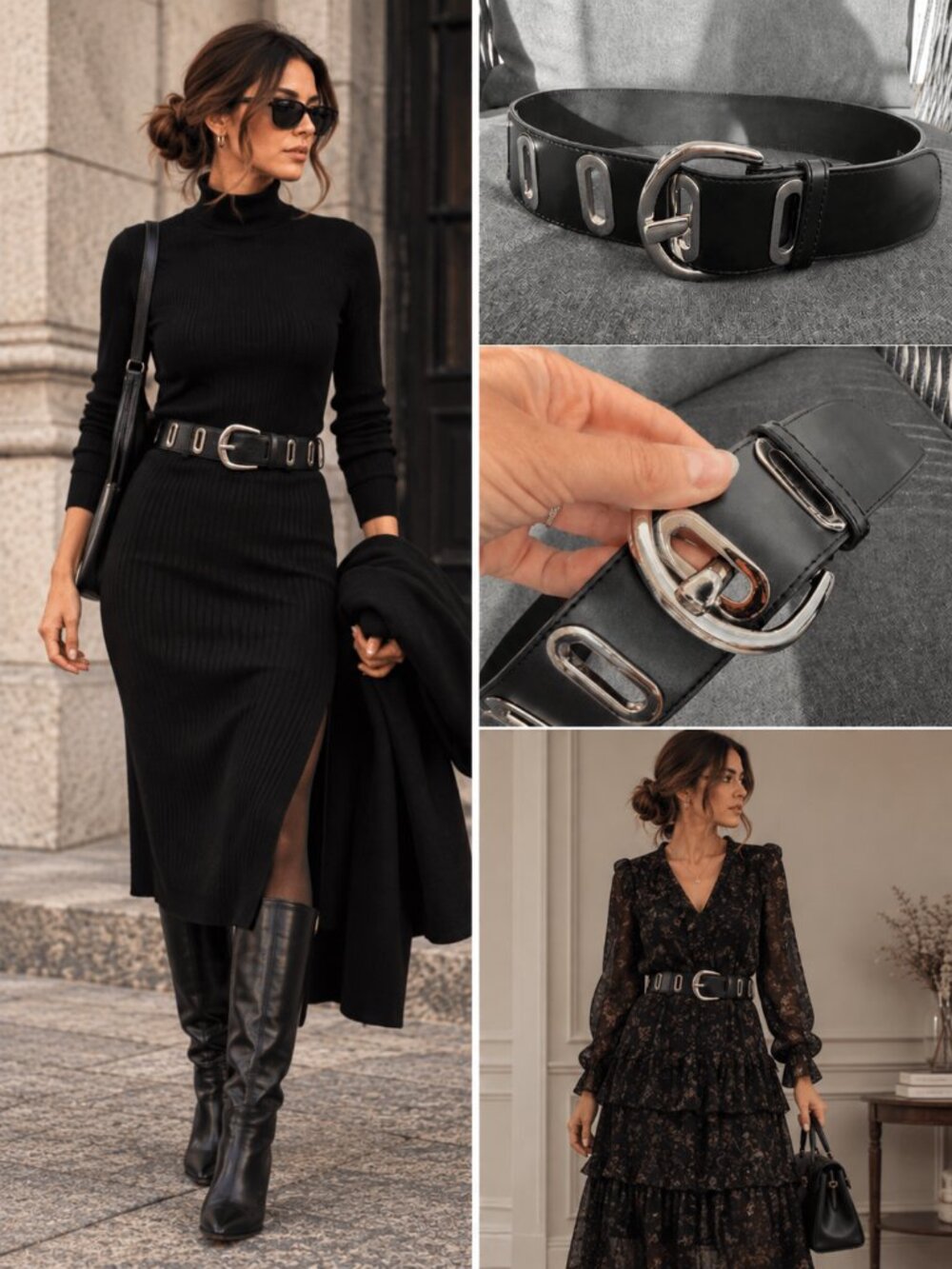 Danier Black Leather 2 Inch Wide Silver Buckles Statement Belt Dark Academia S